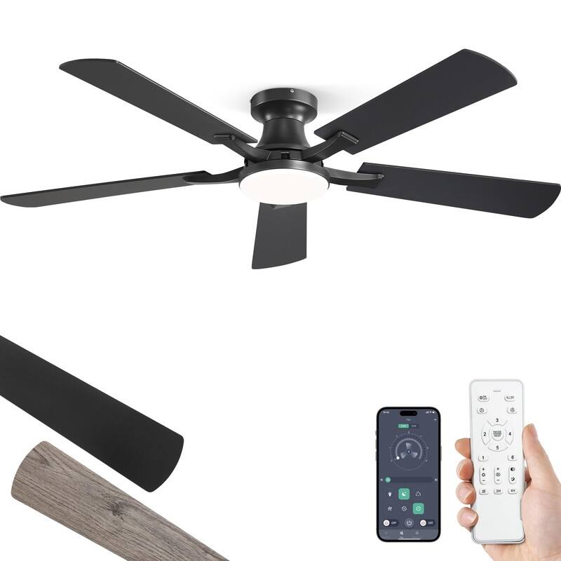 20W Dimmable LED Ceiling Fan with Light, App & Remote Control, Flush Mount Low Profile, Quiet Reversible Motor for Bedroom - Black