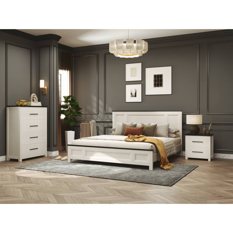 Roundhill Furniture Realynn 5-Piece Wood Bedroom Set, Panel Bed with Dresser, Mirror, Chest, and Nightstand, Off-White Finish