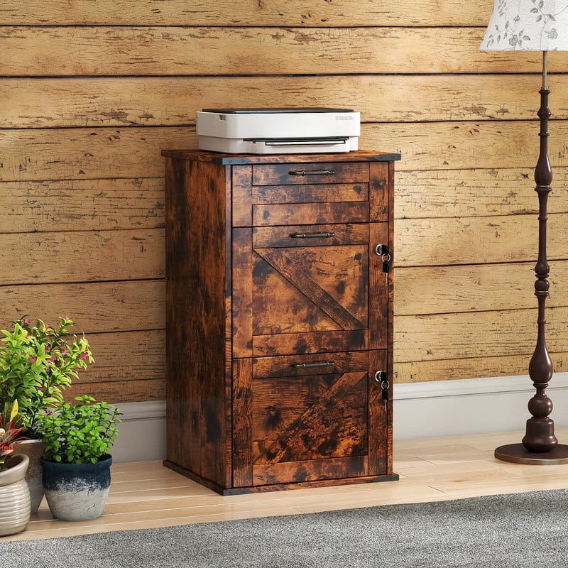 Barn Door Wooden 3 Drawers With Lock 30.71"H - Brown