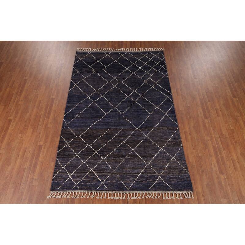 Navy Blue Trellis Moroccan Area Rug Hand-Knotted Wool Carpet - 6'9"x 10'5"