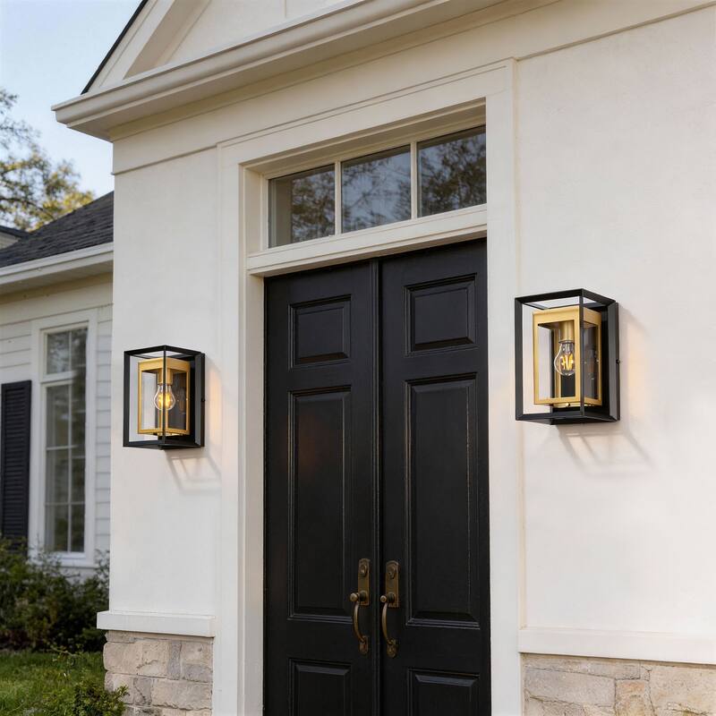 1-Light Black Gold Two-tone Metal Outdoor Wall Sconce - 2 Pack