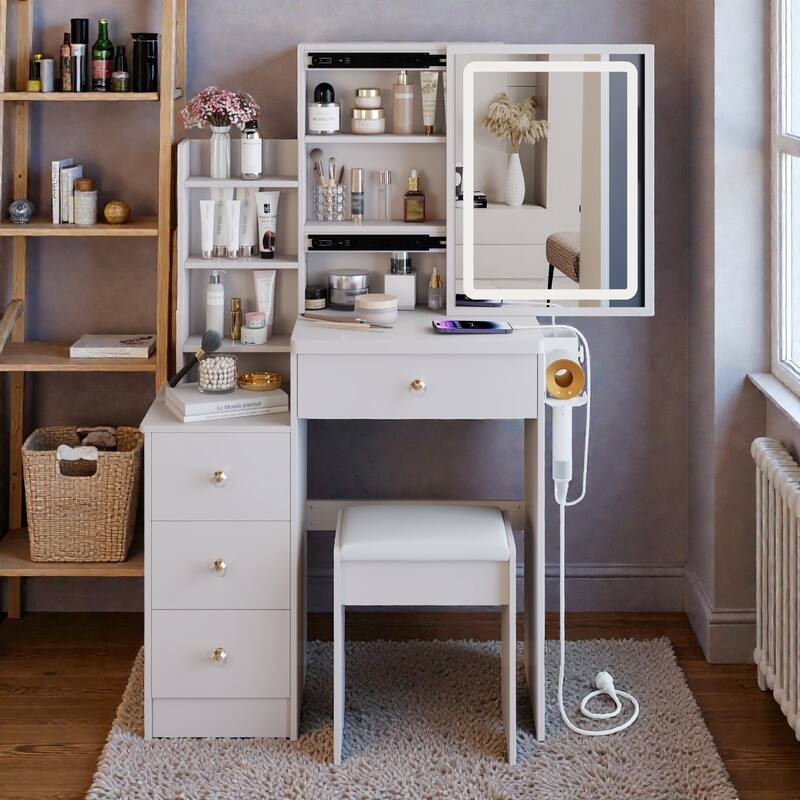 Small Vanity Table with Sliding LED Mirror, 2 AC & 2 USB Charging Station, Hair Dryer Holder & Stool for Bedroom - White