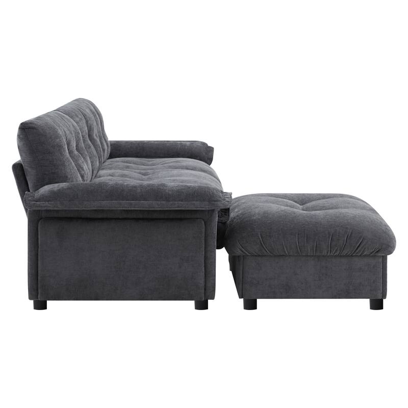 Chenille Tufted L-Shape Sectional Sofa with Storage Ottoman, Pockets and All-in-one Armrest with Dual-Port Charging, Cup Holder