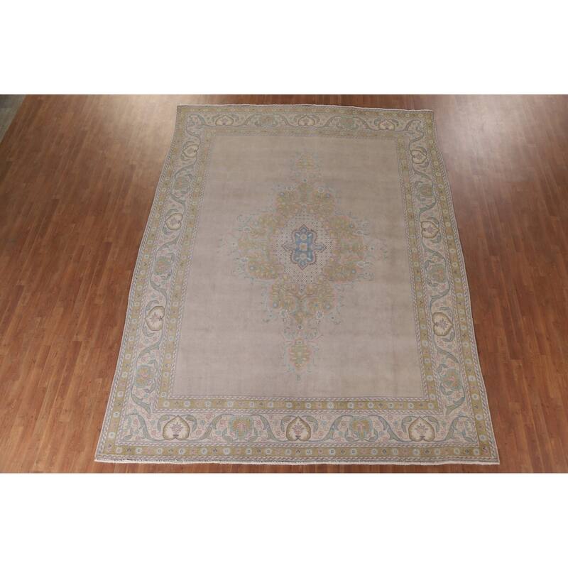Hand Knotted Oriental 100% Wool Carpet Traditional Medallion Beige & Ivories Tabriz Area Rug - 12' 8'' X 9' 6''