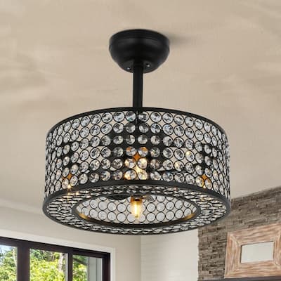 18 in. Indoor Black Ceiling Fan with Light and Remote 4-Light Crystal Cage Modern Chandelier Fan for Kitchen Island Bedroom