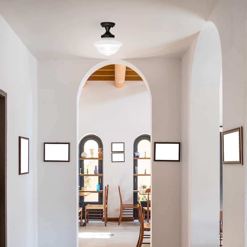 Design House Schoolhouse Oil Rubbed Bronze Semi Flush Mount Ceiling Light with White Glass Shade - 8.98 x 8.98 x 10