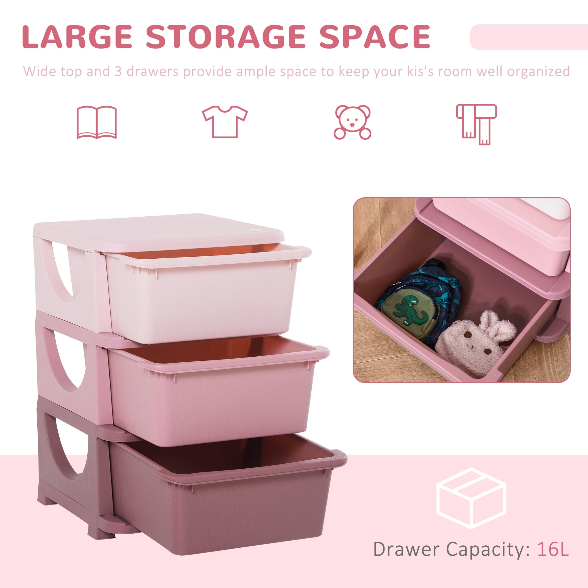 Qaba 3 Tier Kids Storage Unit Dresser Tower with Drawers Chest Toy  Organizer for Bedroom Nursery Kindergarten Living Room for Boys Girls, Pink