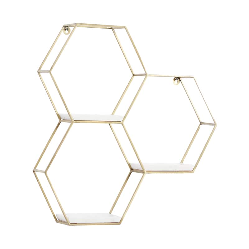 Metal Geometric Hexagon Wall Shelf with 3 Marble Shelves - Gold or Silver - Roche River Decor