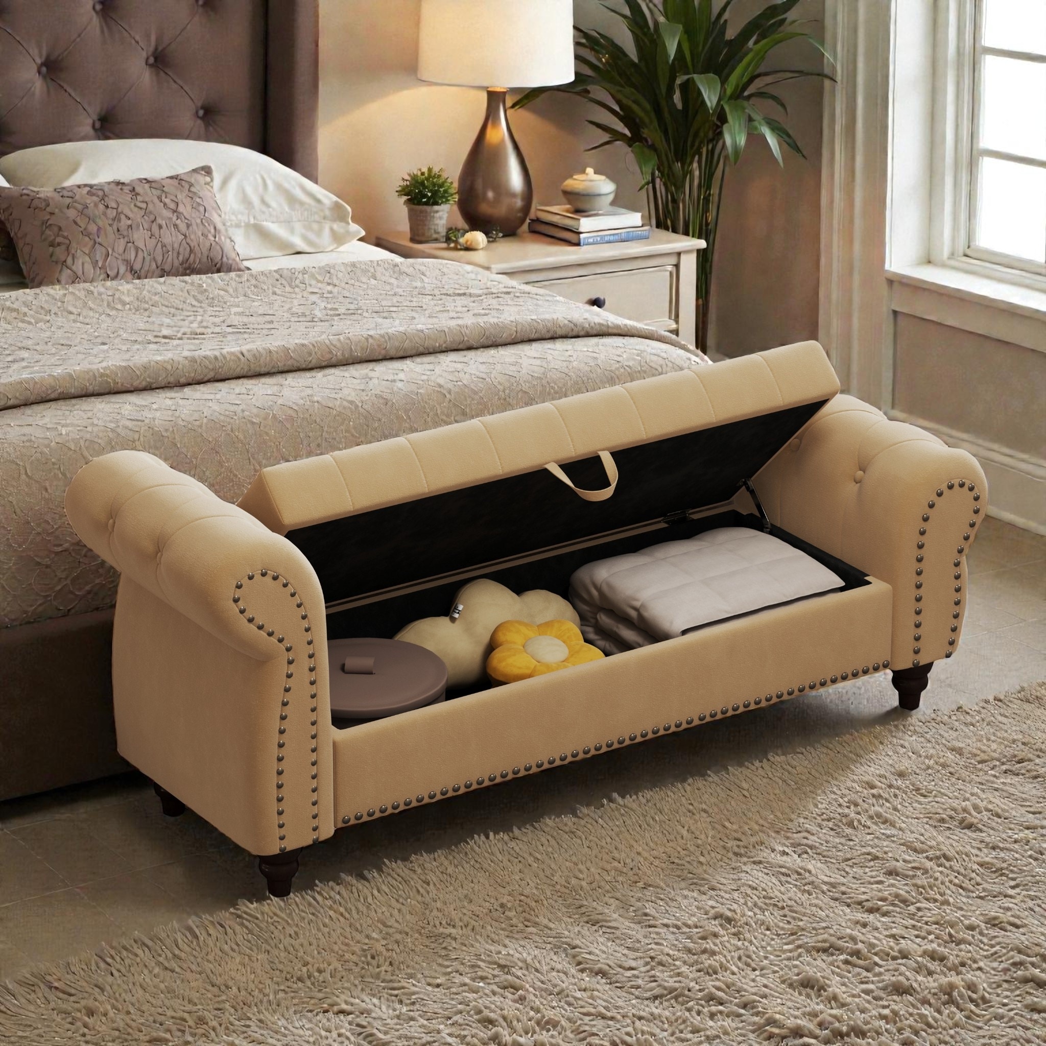 64.5" Tufted Velvet Bed Bench with Backrest and Storage, Upholstered Chaise Lounge Bench for Bedroom or Entryway