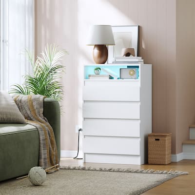 4 - Drawer Dresser With Power Outlet & LED Light, Modern Storage Cabinet
