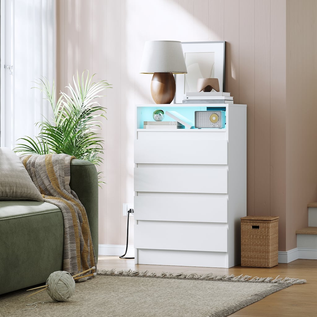 4 - Drawer Dresser With Power Outlet & LED Light, Modern Storage Cabinet