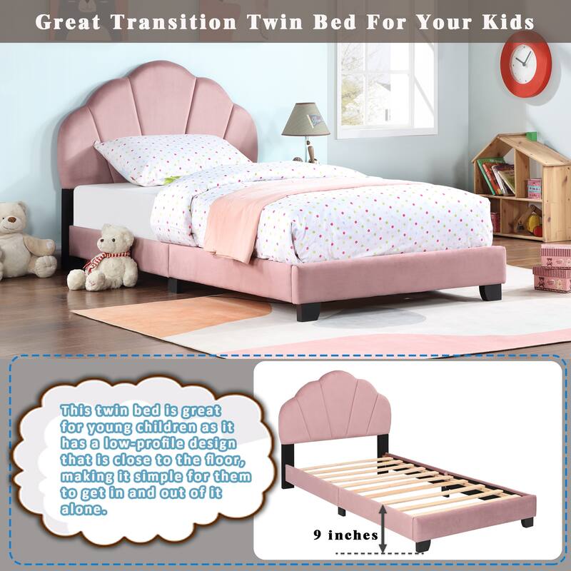Pink Twin Velvet Platform Bed with Shell Headboard - No Box Spring Required, Soft Velvet Fabric
