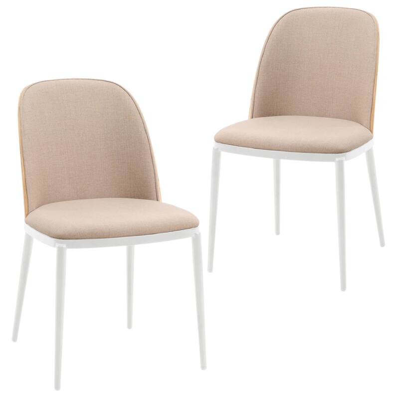 LeisureMod Tule Dining Chair with Upholstered Seat and White Steel Frame, Set of 2 - Natural Wood/Brown