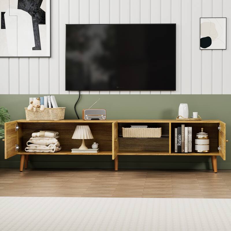 70 Inch, Mid-Century Modern TV Stand, TV Media Console with 3 Doors and 2 Cabinets, for Living Room Bedroom