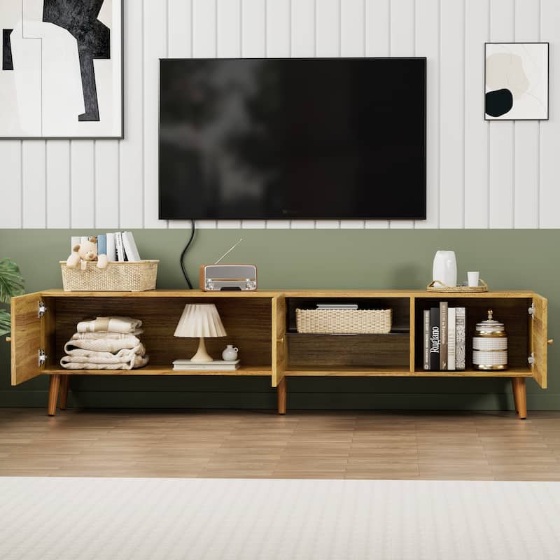 Brown Oak 69" TV Stand with Three-door Design, 2 Cabinets and Open Shelves for TVs Up to 70"