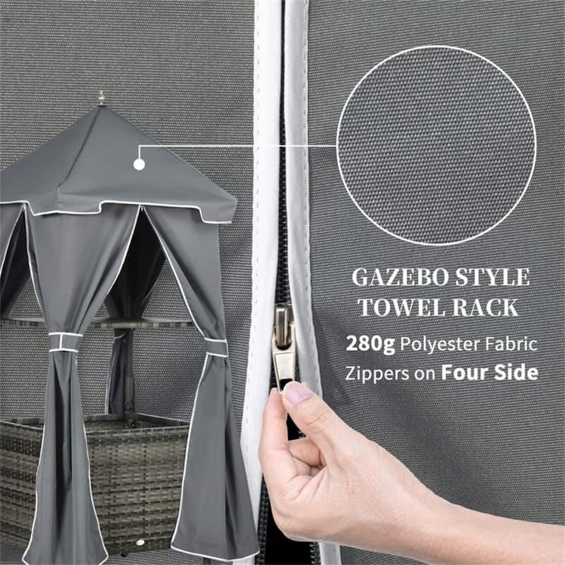 Outdoor Rolling Towel Valet Caddy with Canopy PE Rattan Storage Rack for Pool Patio Bathroom - 34.25" L x 31" W x 78.75" H