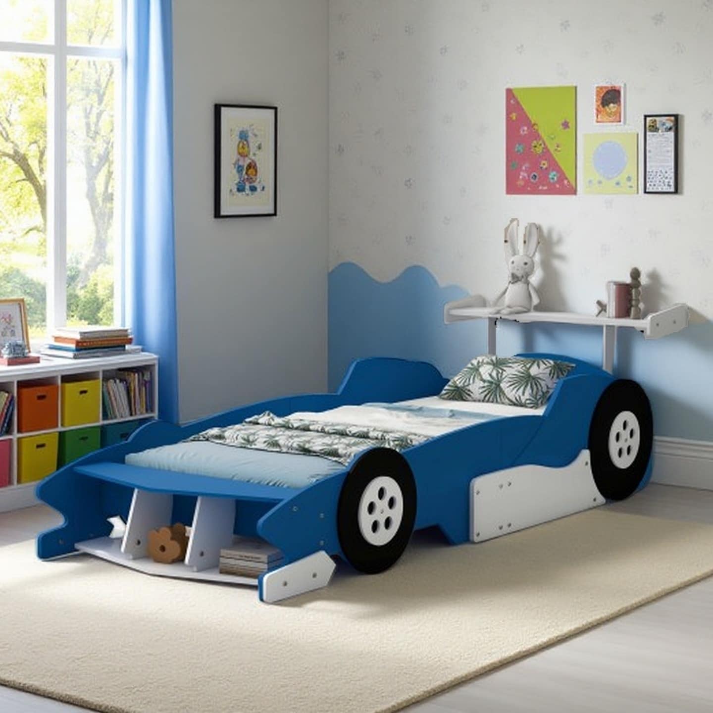 Twin Race Car Platform Bed with Side Rails and Durable Slats