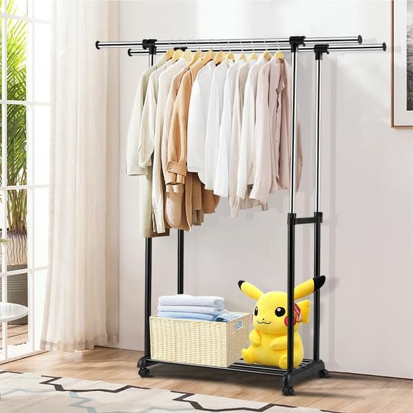 Shop Gymax Double Rail Clothes Rack On Wheels Adjustable Clothing