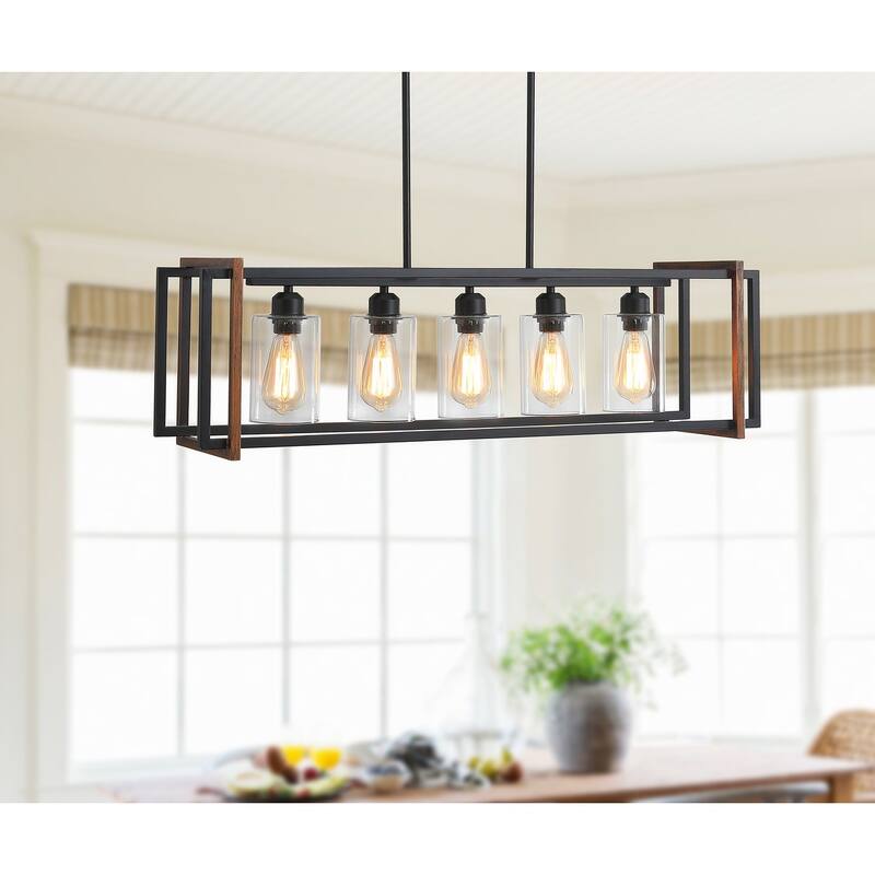Industrial Black 5-Light Rectangular Iron Frame Kichen Island Pendant Lighting Fixture