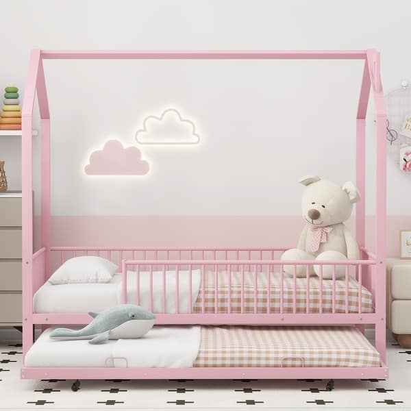 slide 2 of 16, House-Shaped Design Twin Size Metal Platform Bed with Fence and Trundle Pink