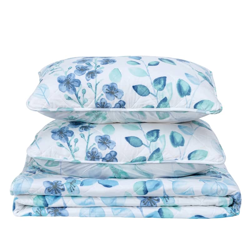 Luxurious Watercolor Leaves Microfiber Quilt Set With Shams