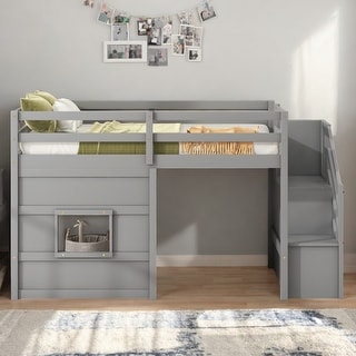 Twin Size Loft Kids Bed Frame with Storage Staircase and Window for Safe and Fun Sleeping Space, Safety Guaranteed, Grey