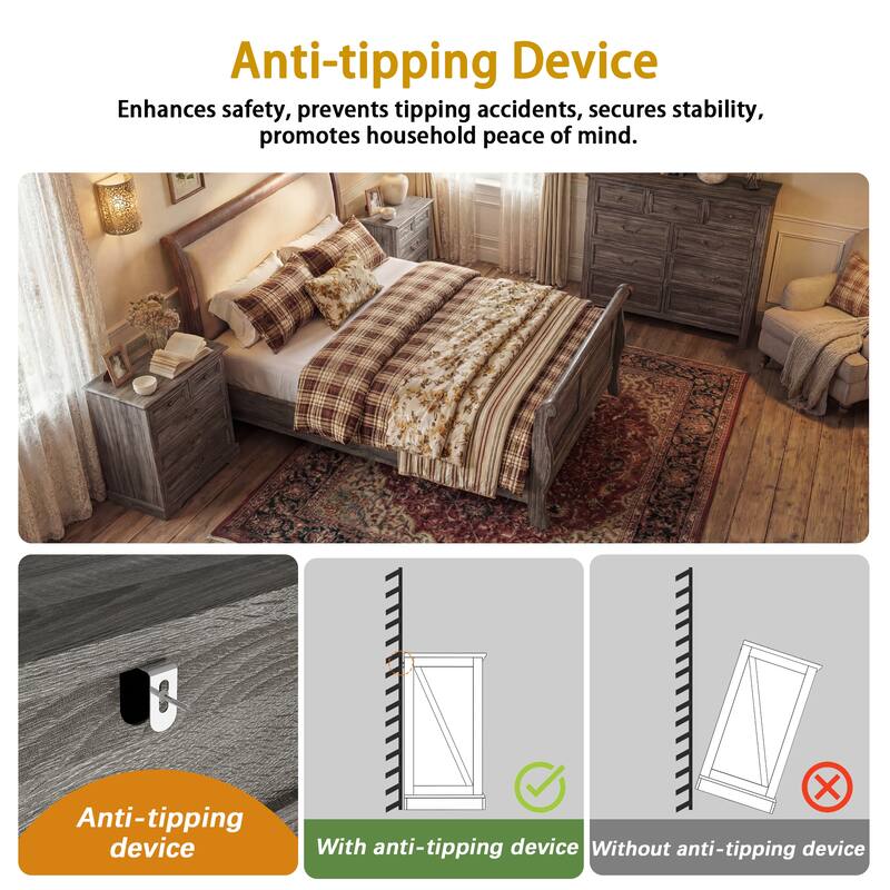 Farmhouse 5-Drawer Chest with Anti-Tip Device, Rustic Wooden Dresser for Bedroom, 36.3" Tall Storage Cabinet