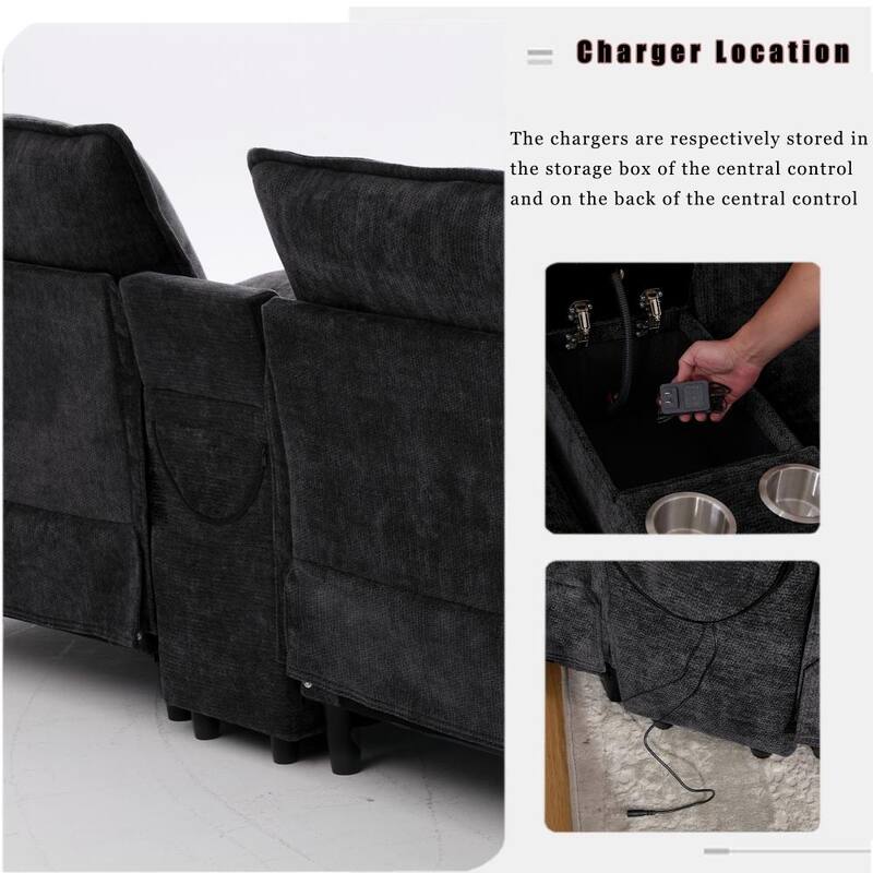 Modern Modular Sectional Sofa with Storage Console and Wireless Charging, Ottomans