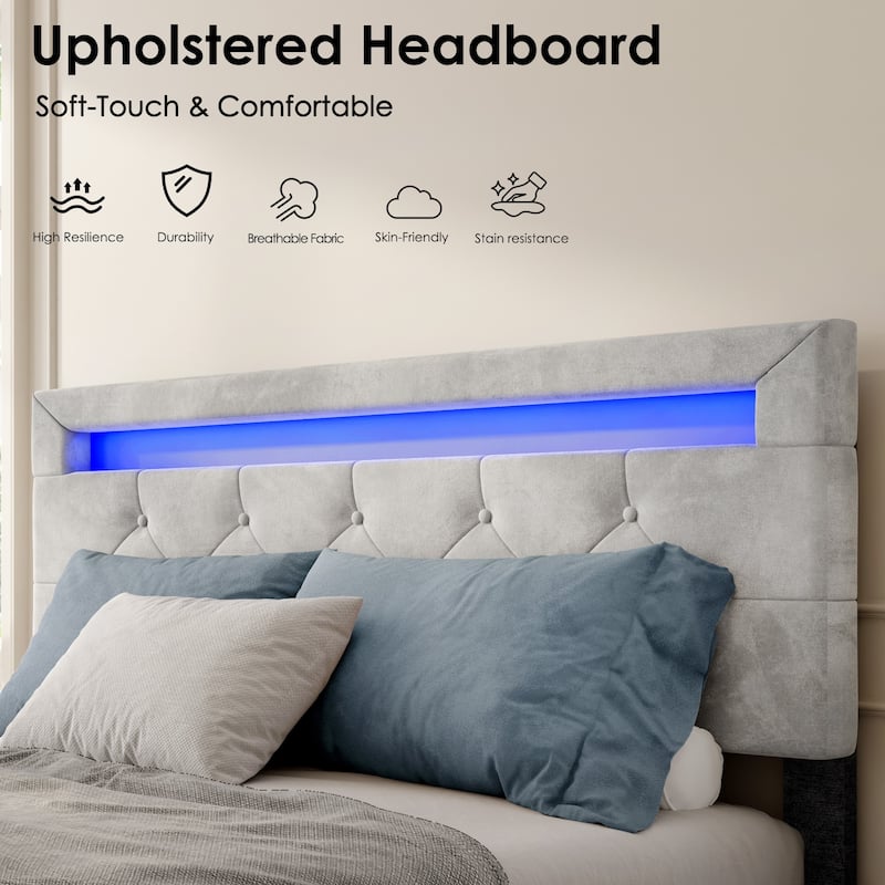 Platform Bed with Headboard and 4 Drawers,Footboard,LED Light,Storage Bed,Velvet Upholstered Bed