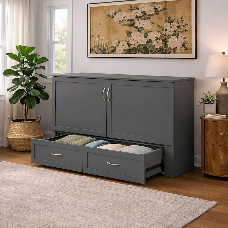 Hamilton Queen Murphy Bed Chest with 6" Mattress, Storage Drawer & Built-In Charger in Grey