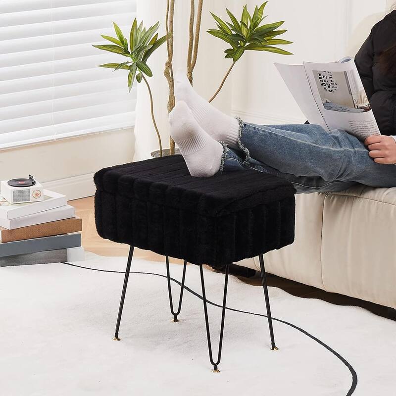 Faux Mink Fur Ottoman with Metal Legs for Seating and Decor