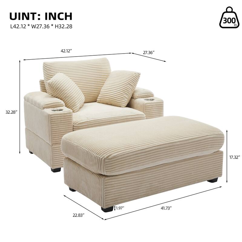 Corduroy Sofa Sets with Ottoman, Handrail Storage and Cup Holders