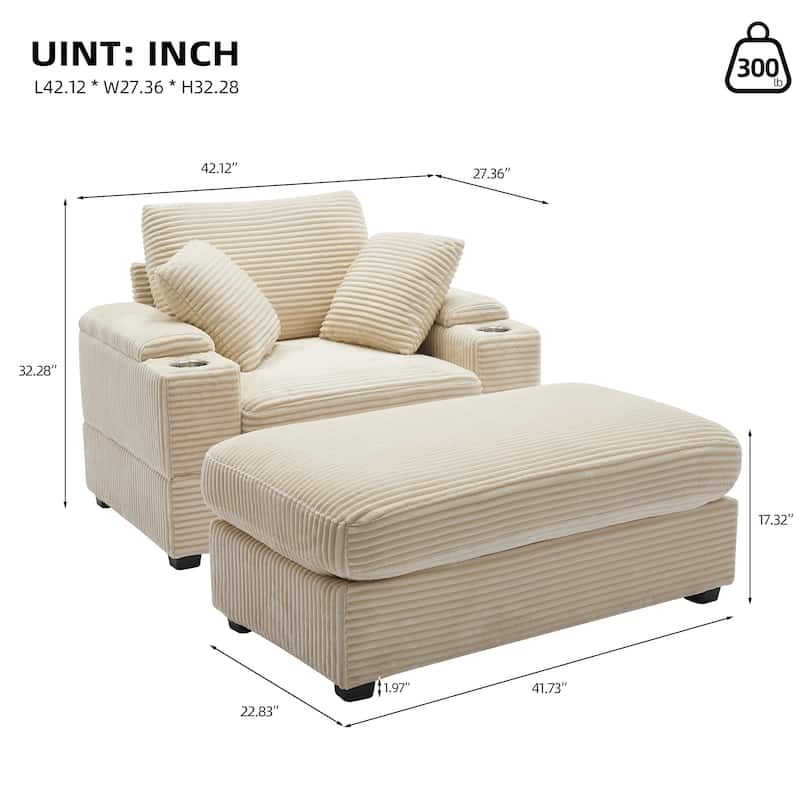 Corduroy Upholstered Chaise Lounge Sofa with Storage Armrest, Ottoman and Cup Holders, Beige, 42x50x32 inches