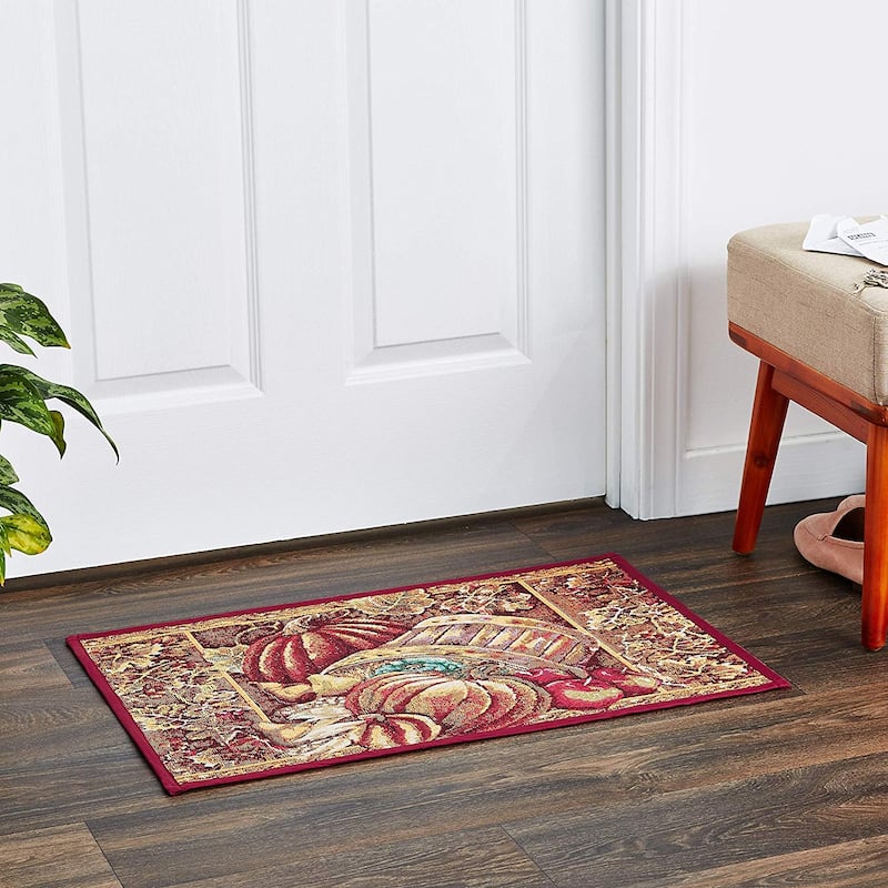 Violet Linen Fall Harvest Collection - Tapestry Pumpkins and Autumn Leaves Design - 19" X 27" Area Rug - 19" x 27"