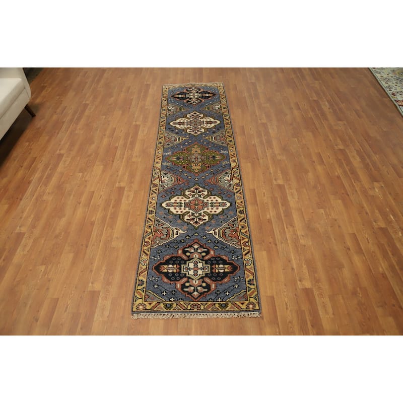 Hand Knotted Oriental 100% Wool Carpet Traditional Geometric Navy Blue & Blues Kazak Area Rug - 10' 2'' X 2' 6''