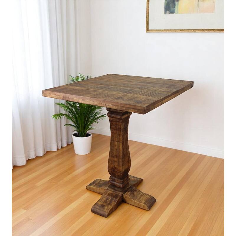HomeRoots 36" Brown Solid Wood Square Pedestal Bar Table - 36 in. x 42 in. x 36 in. - Brown