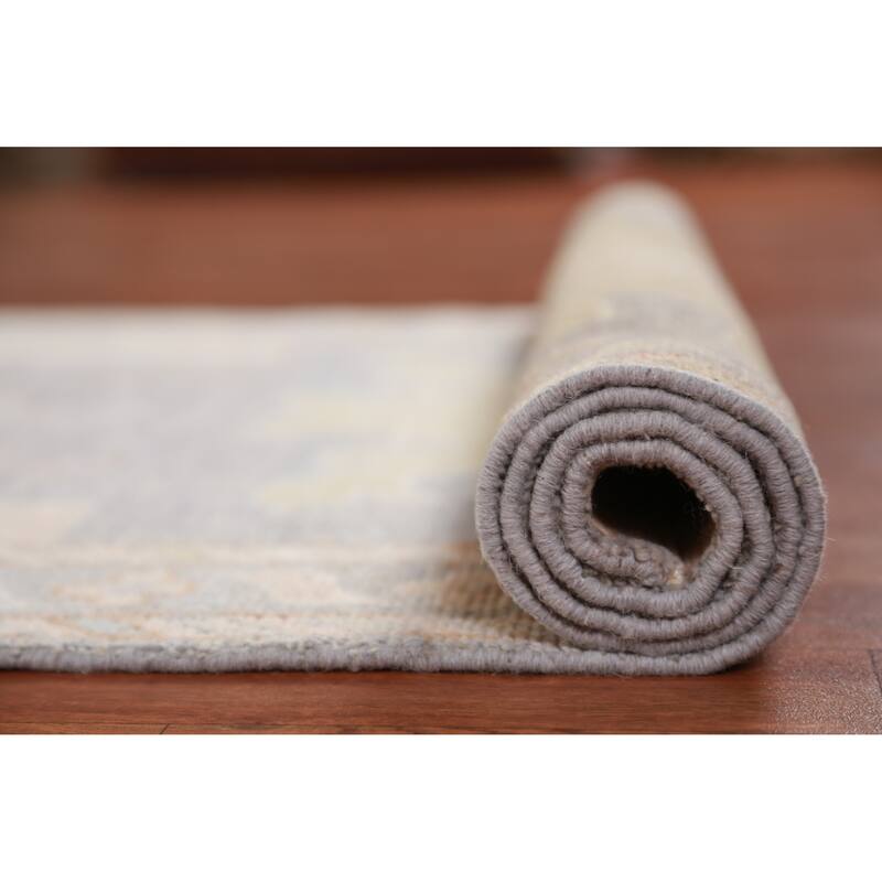 Hand Knotted Oriental 100% Wool Carpet Transitional Floral Greys & Charcoal Oushak Runner Rug - 11' 10'' X 3' 0''