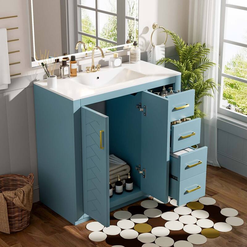 36" Bathroom Vanity with Ceramic Sink - Solid Wood, 3 Soft-Close Drawers, Storage Cabinet