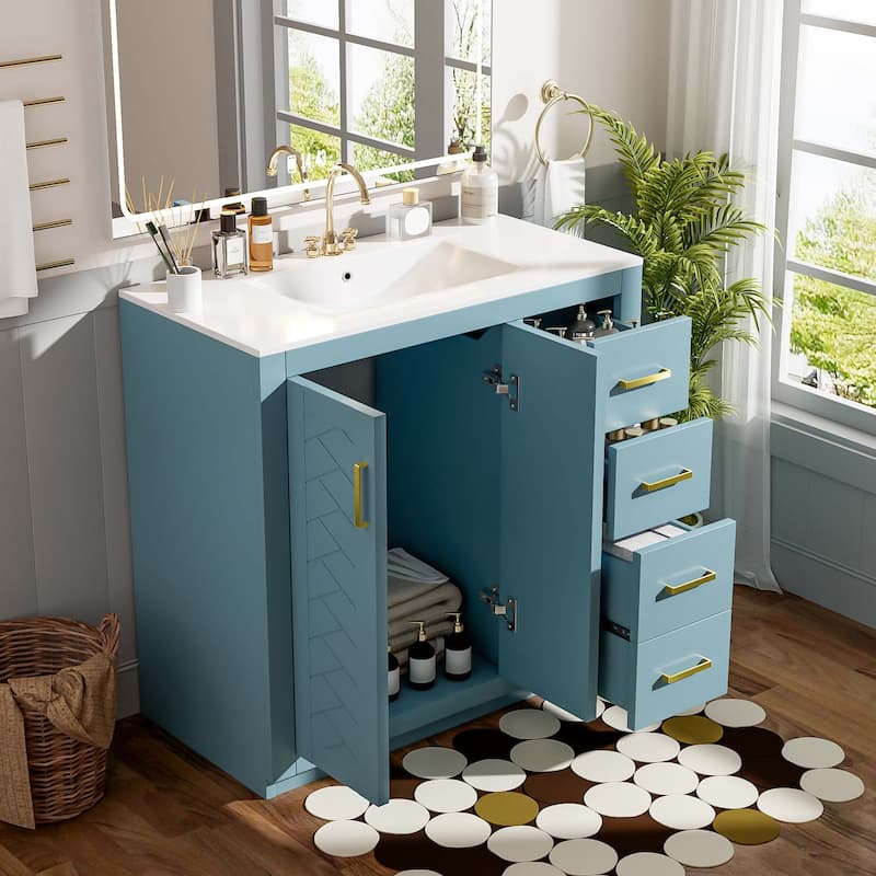 Freestanding Bathroom Vanity Cabinet with Center Rectangular Ceramic Sink, 36 Inch - 36 Inch