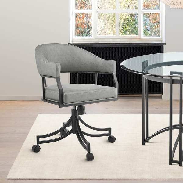 slide 2 of 14, Tibet Gray Faux Leather and Black Iron Swivel Tilt Rolling Dining Chair