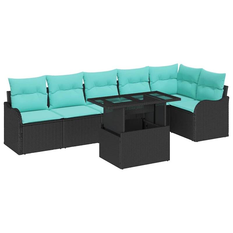 vidaXL 7 Garden Sofa Set with Cushions Black/Brown/Grey Poly Rattan - 113.2 x 48.2 x 27.2