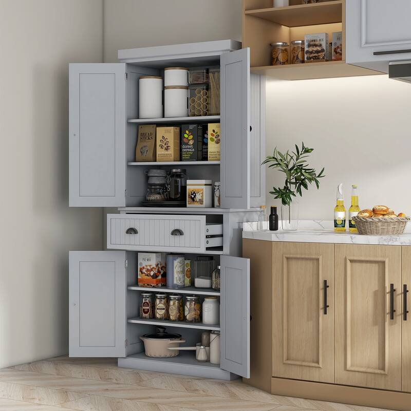 72" Kitchen Pantry Storage Cabinet, Traditional Freestanding Cabinet with 4 Doors and 3 Adjustable Shelves, Large Central Drawer