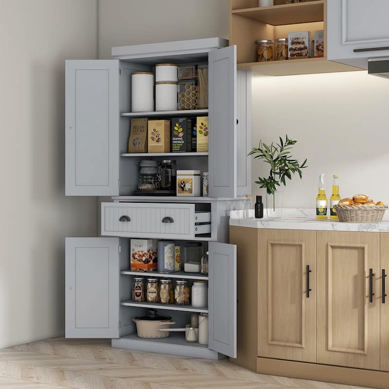 Freestanding Kitchen Storage Cabinet Pantry Cabinet Buffet Cabinet with Beadboard Doors and Adjustable Shelves - Gray