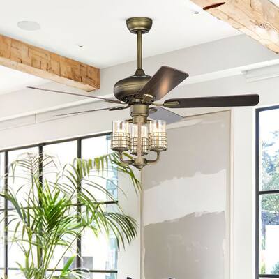 52 Inch Bronze Metal 3 Lights Ceiling Fan with 5 Wood Blades,Remote Control