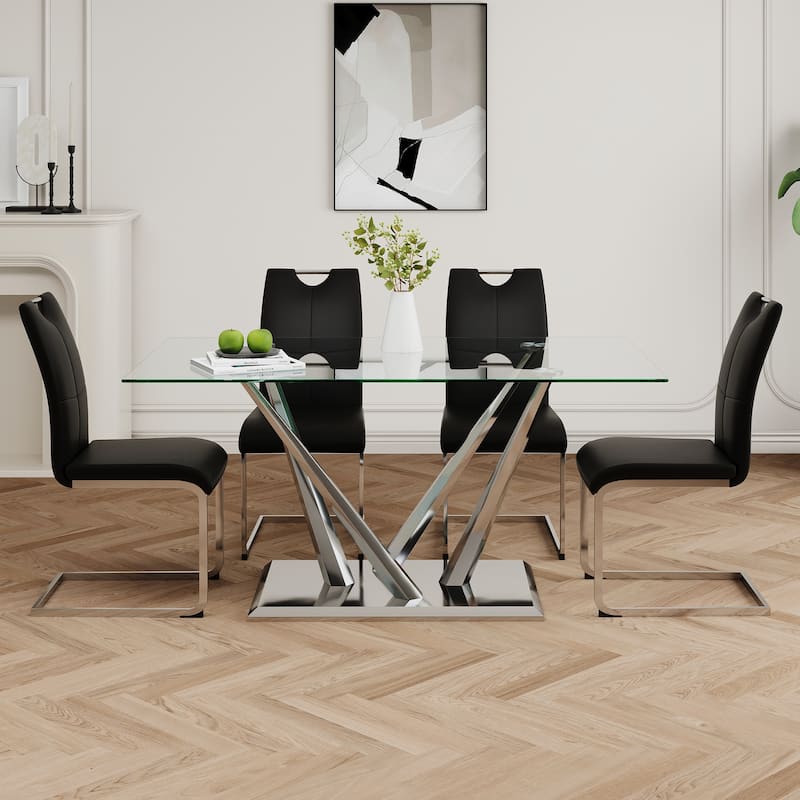 63" Glass Dining Table Set for 4, 5 Piece Dining Table and Chairs Set, Rectangular Table with 4 Faux Leather Chairs & Metal Legs