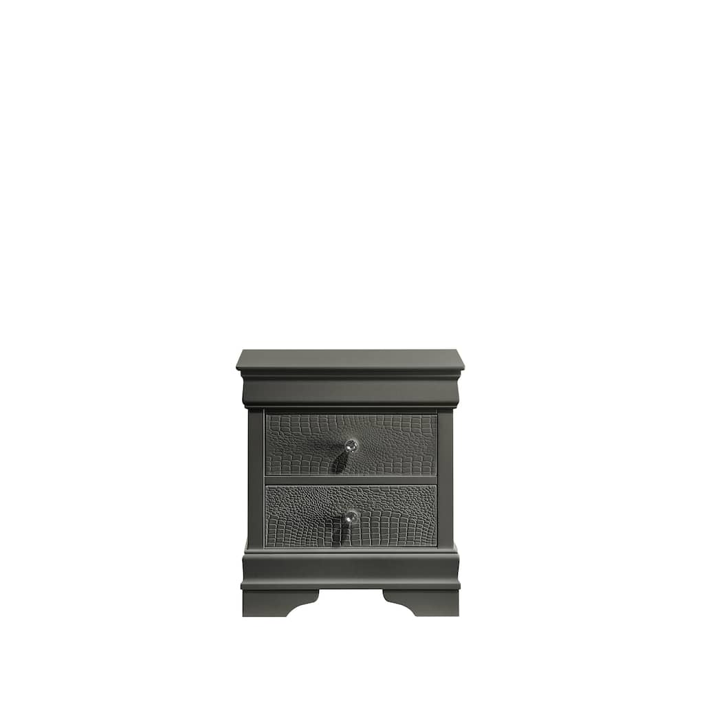 Modern Gray Nightstand with Two Drawers, Durable Wood, Textured Finish, Crystal Knobs