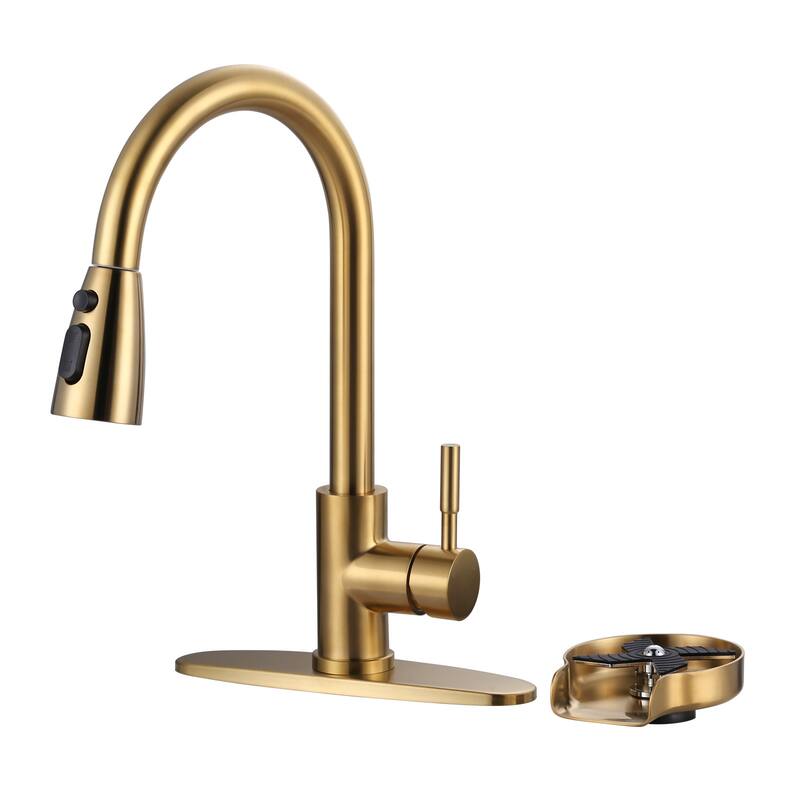 WOWOW Single-Handle Pull Down Sprayer Kitchen Faucet with Glass Rinser - Gold