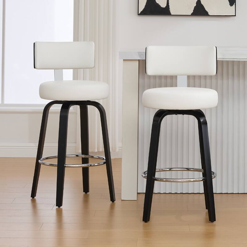 Upholstered Swivel Counter/ Bar Stools with T-Shaped Backrest - Set of 2 - White - Counter Height