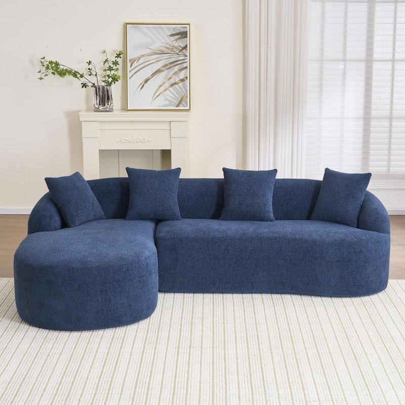 Modern Plush Gray Chenille L-Shaped Sectional Sofa with Curved Chaise - Navy Blue