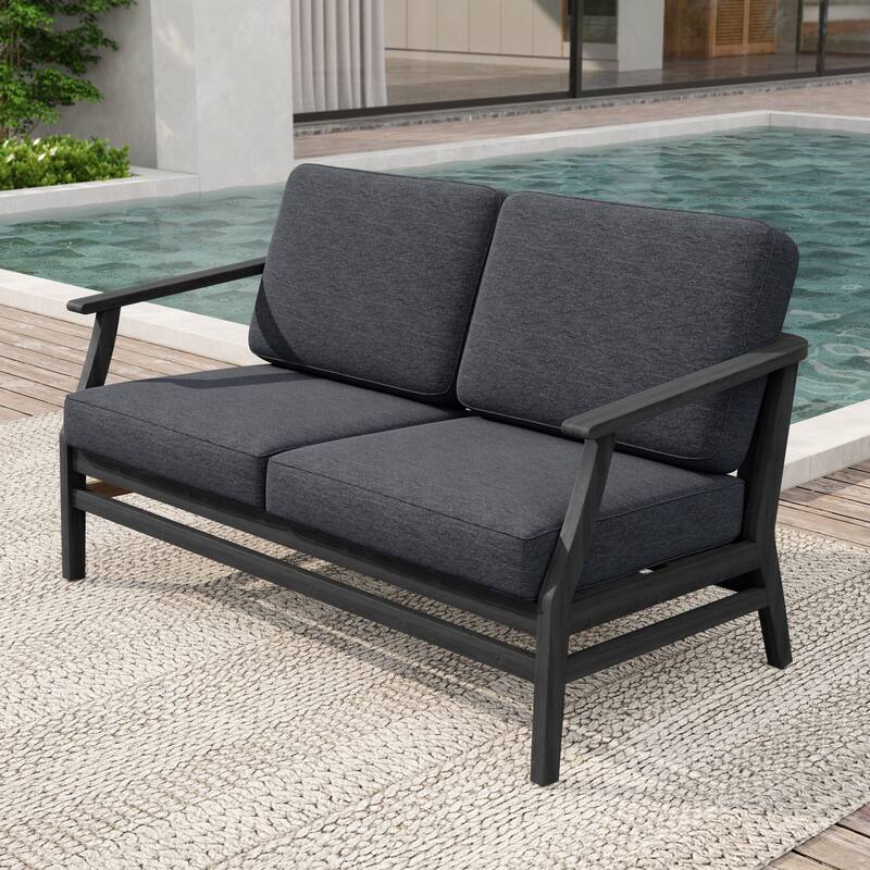 Patio Teak Wood Outdoor Loveseat Sofa with Cushions - Dark Wood - Dark Grey